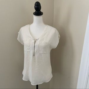 DownEast Off White Sheer Top 1/4 Gold Zip Size S